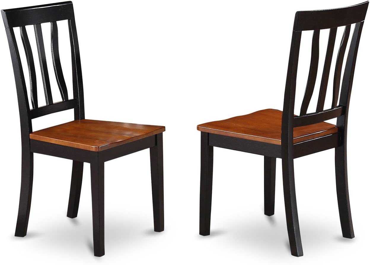 East West Furniture Antique Kitchen Dining Slat Back Wooden Seat Chairs, Set of 2, ANC-BLK-W