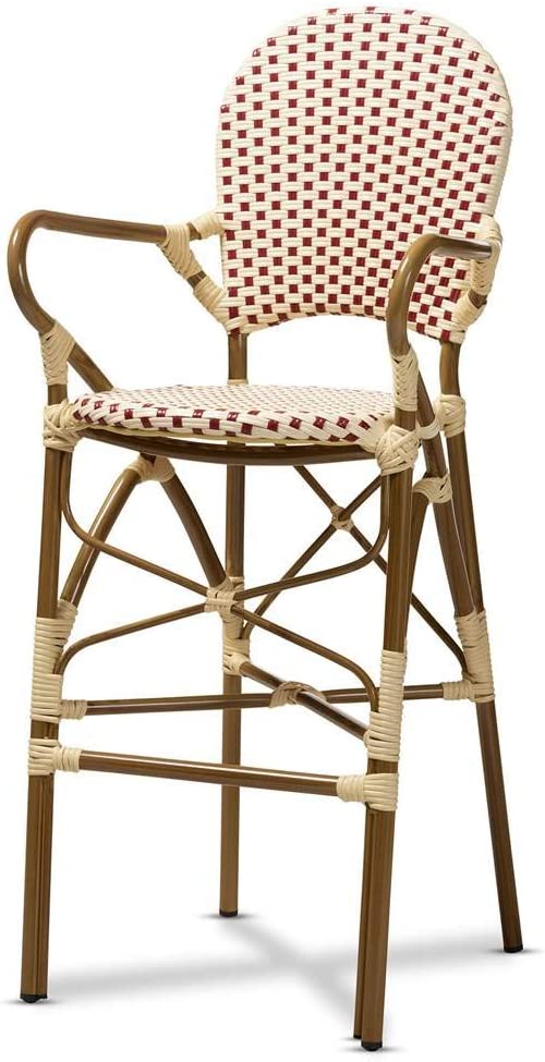 Baxton Studio Marguerite Classic French Indoor and Outdoor Beige and Red Bamboo Style Stackable Bistro Bar Stool