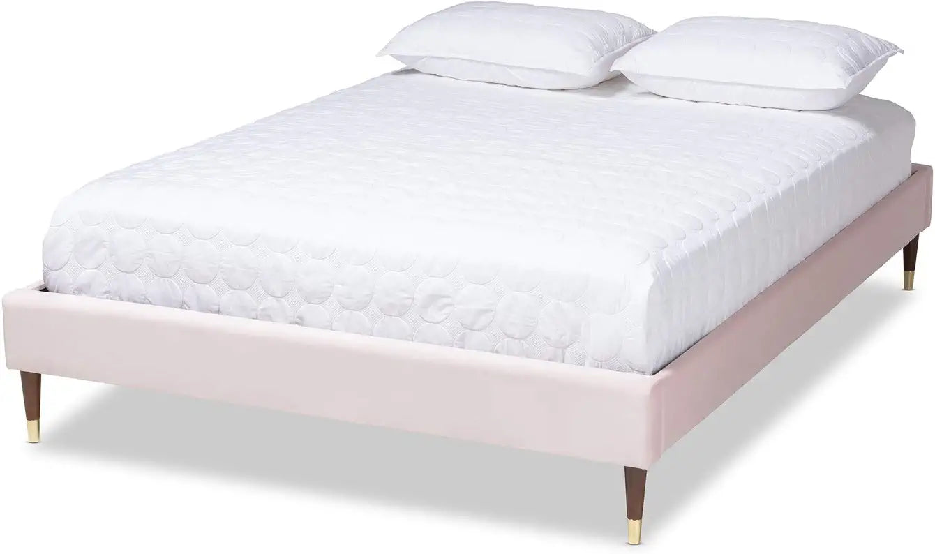 Baxton Studio Volden Glam and Luxe Light Pink Velvet Fabric Upholstered Full Size Wood Platform Bed Frame with Gold-Tone Leg Tips