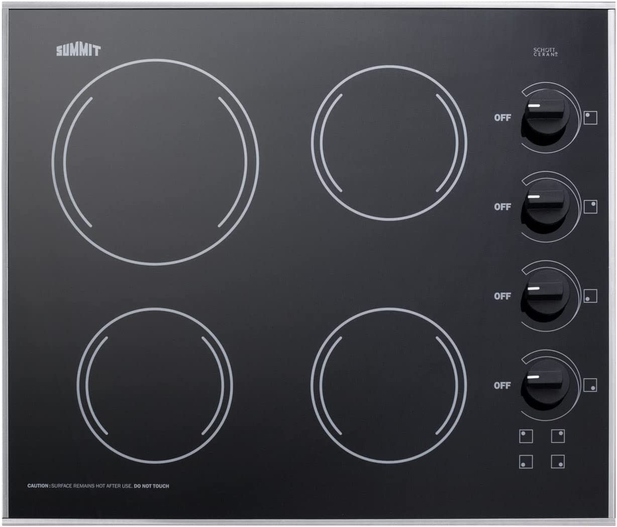 Summit CR425BL 24&#34;&#34; Electric Cooktop with 4 Elements Schott Ceran Surface Push to Turn Knobs Stainless Steel Trim 230 Volt Operation in Black