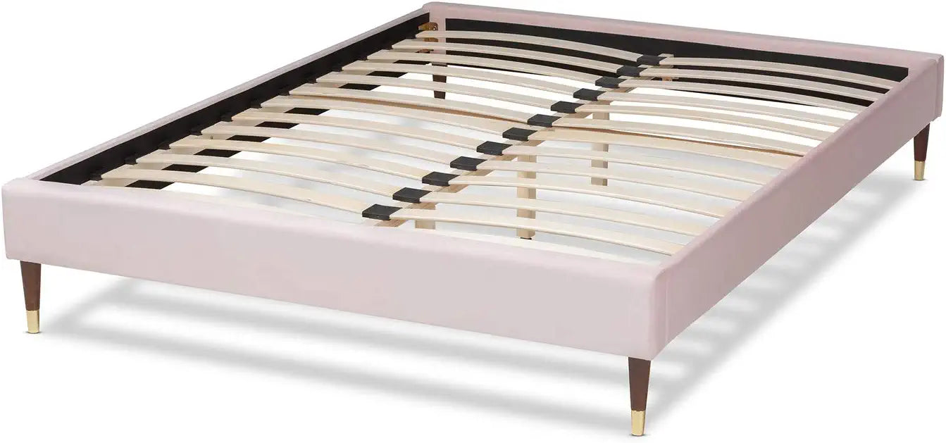 Baxton Studio Volden Glam and Luxe Light Pink Velvet Fabric Upholstered Full Size Wood Platform Bed Frame with Gold-Tone Leg Tips