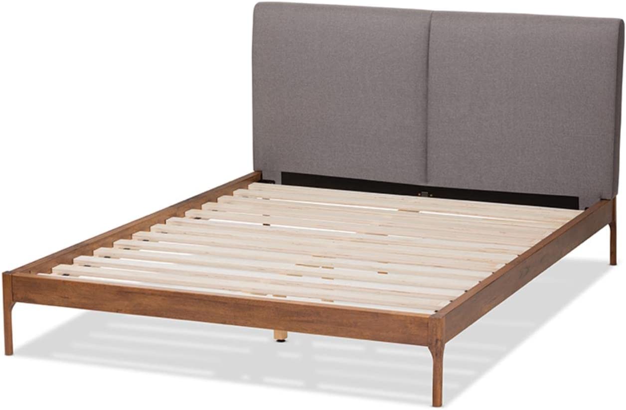 Baxton Studio Aveneil Mid-Century Modern Grey Fabric Upholstered Walnut Finished King Size Platform Bed