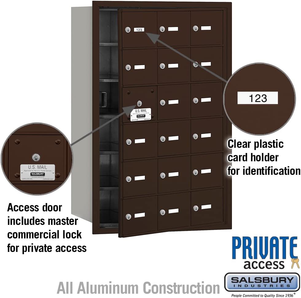 Salsbury Industries 3618ZFP 4B Plus Horizontal Mailbox with Master Commercial Lock, 18 A Doors 17 Usable, Front Loading, Private Access, Bronze