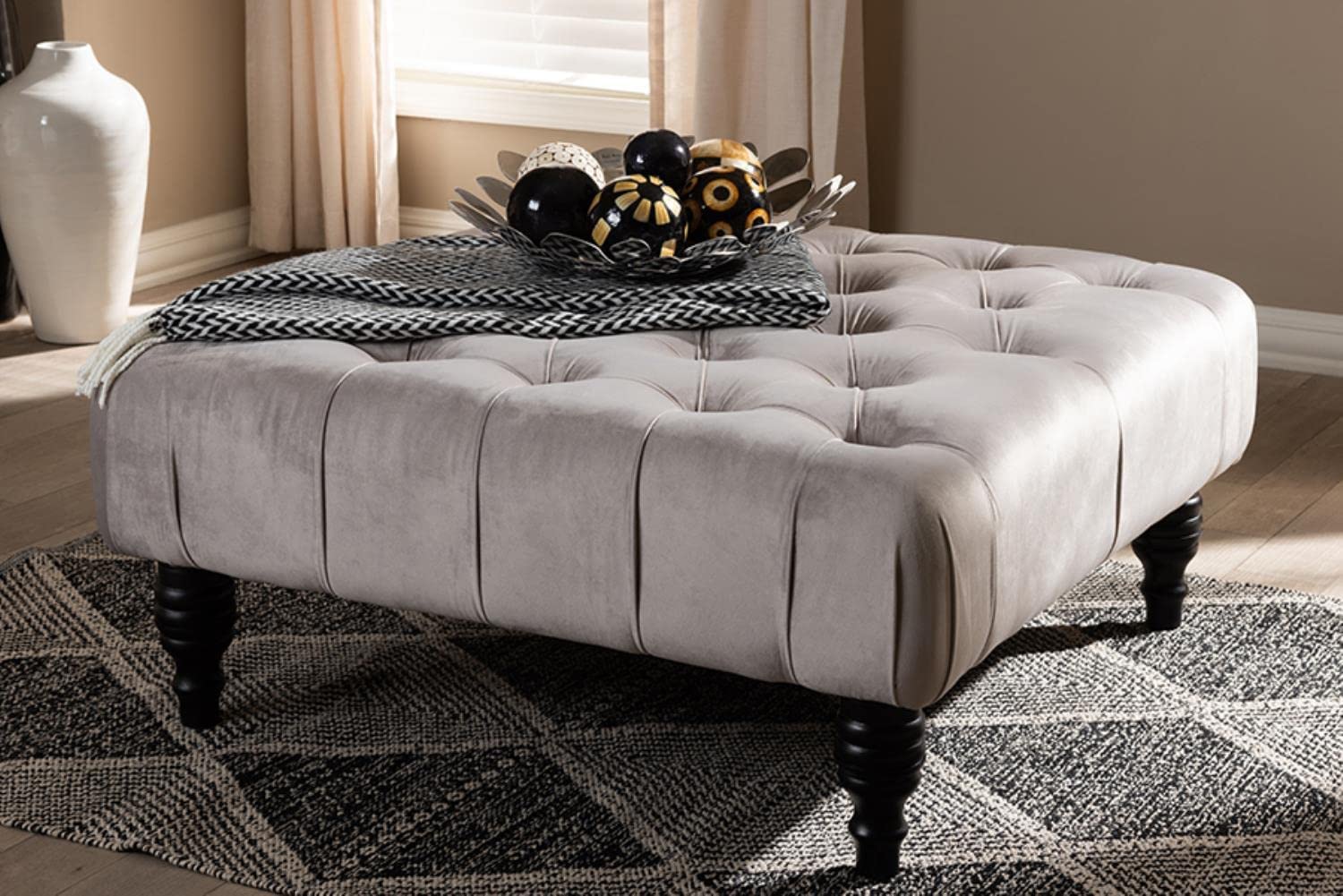 Velvet Fabric Button Tufted Cocktail Ottoman in Gray