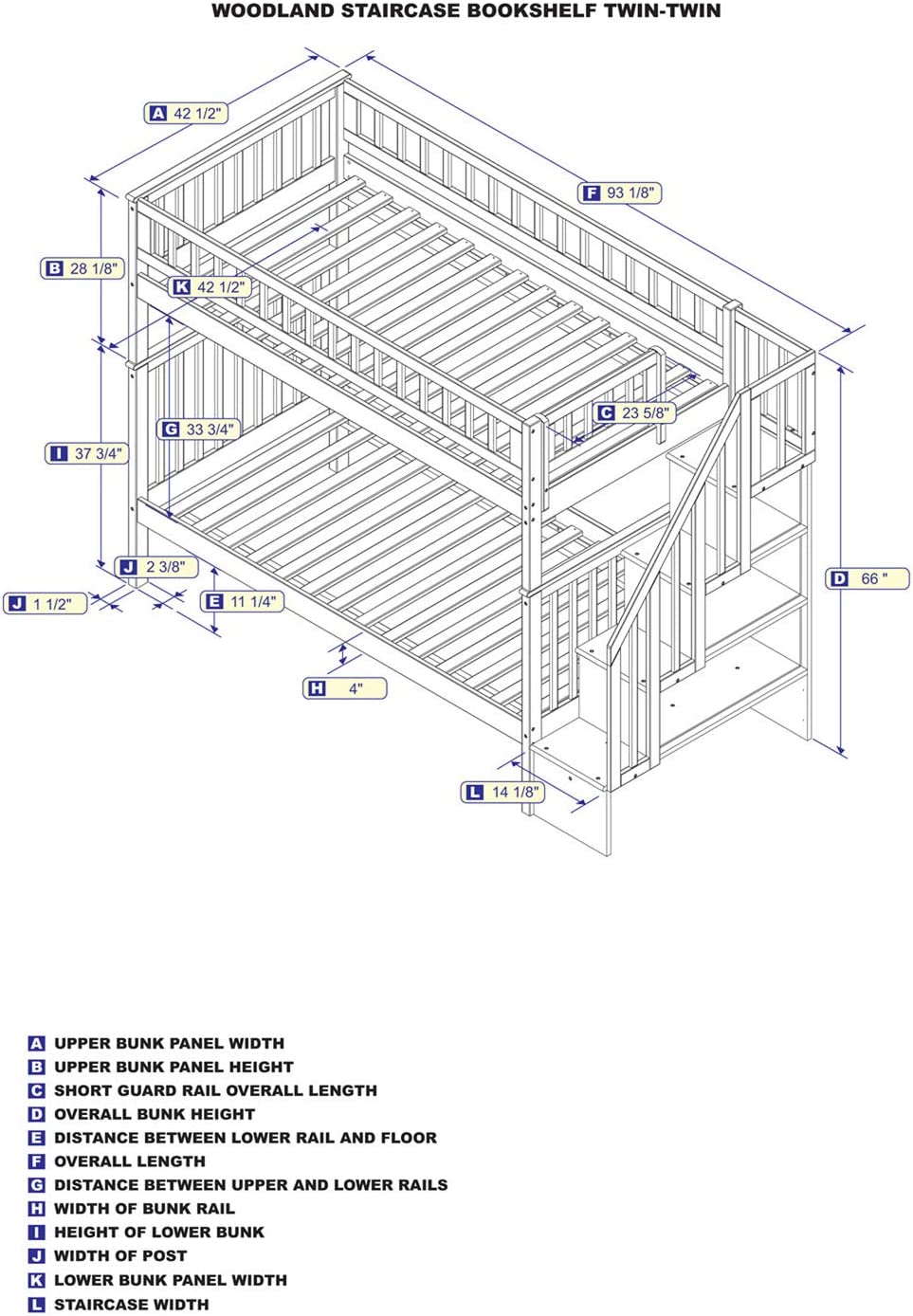 Atlantic Furniture Woodland Staircase Bunk Bed Twin Over Twin with Twin Size Urban Trundle Bed in Grey