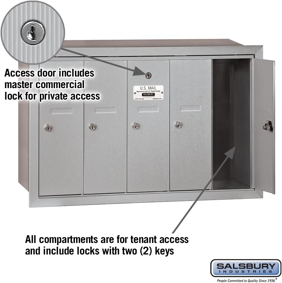 Salsbury Industries 3505ARP Recessed Mounted Vertical Mailbox with Master Commercial Lock, Private Access and 5 Doors, Aluminum