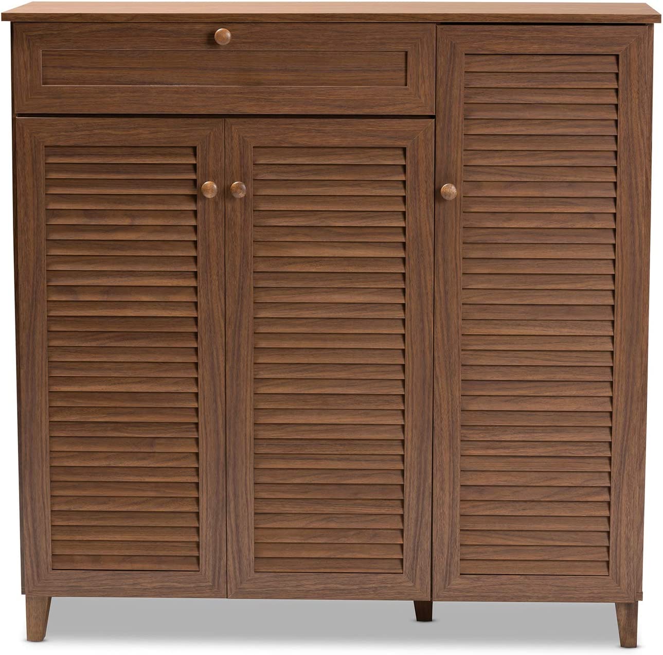 Baxton Studio Coolidge Modern and Contemporary Walnut Finished 11-Shelf Wood Shoe Storage Cabinet with Drawer