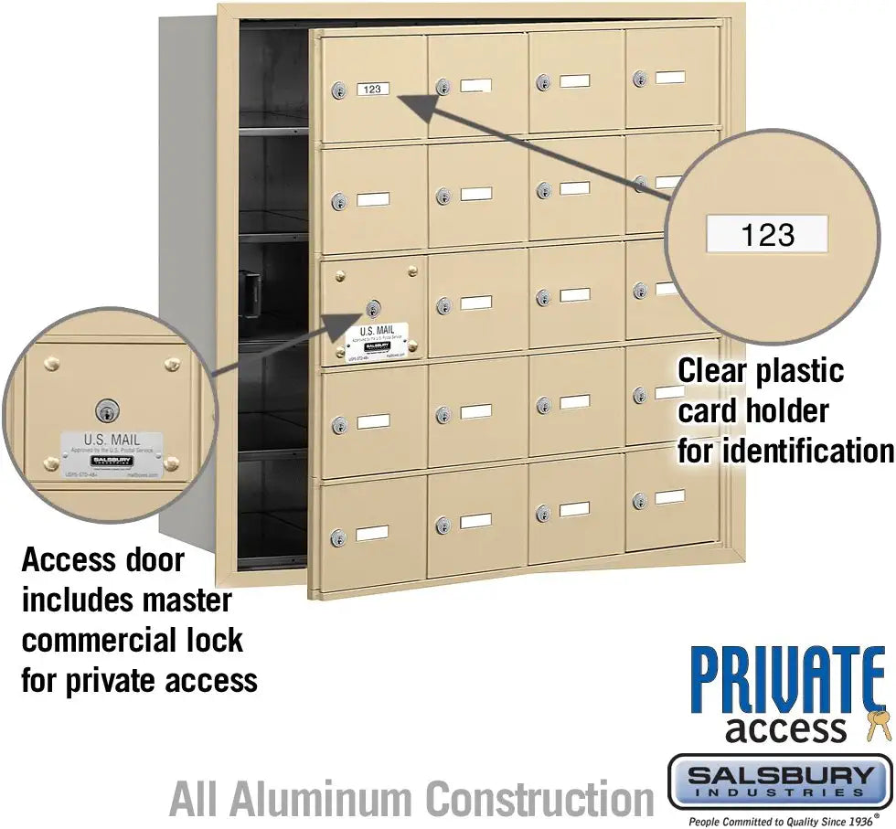 Salsbury Industries 3620SFP 4B Plus Horizontal Mailbox with Master Commercial Lock, 20 A Doors 19 Usable, Front Loading, Private Access, Sandstone