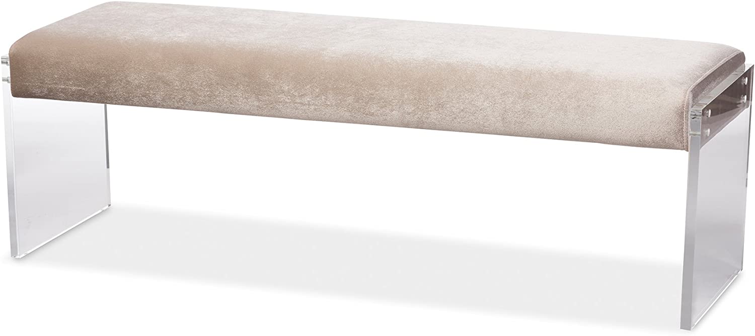 Baxton Studio Hildon Modern and Contemporary Microsuede Fabric Upholstered Luxe Bench with Paneled Acrylic Legs, Beige