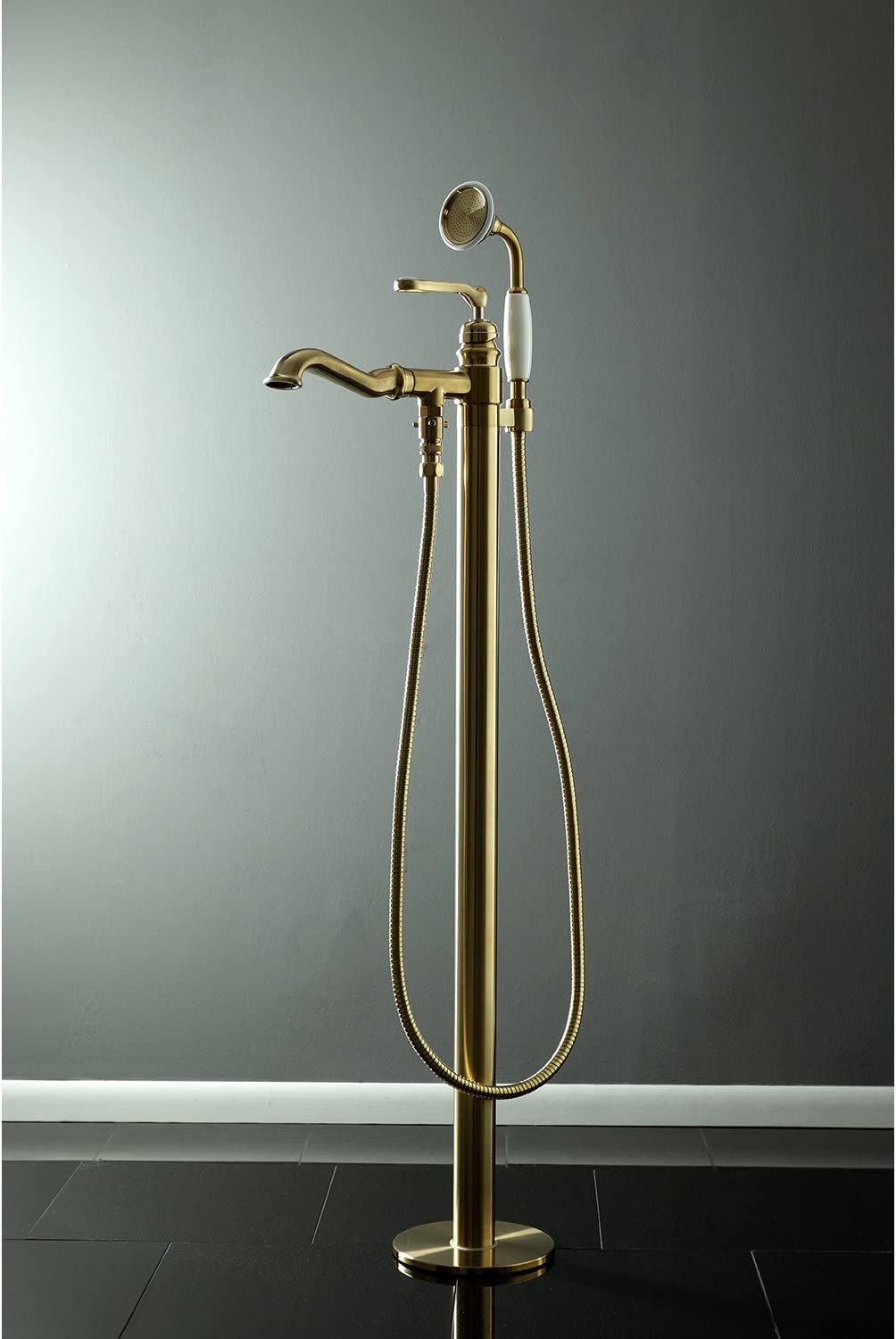 Kingston Brass KS7017RL Royale Single Handle Freestanding Roman Tub Faucet With Hand Shower, Brushed Brass