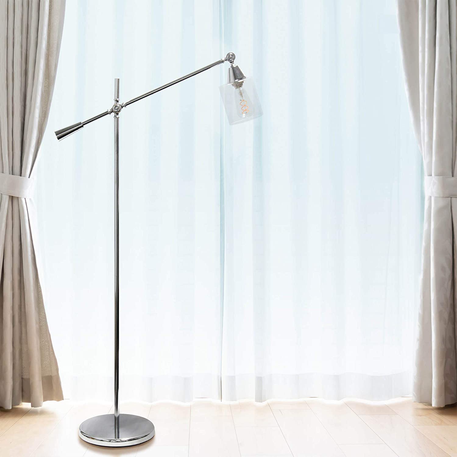 Lalia Home Decorative Swing Arm Floor Lamp with Clear Glass Cylindrical Shade, Chrome