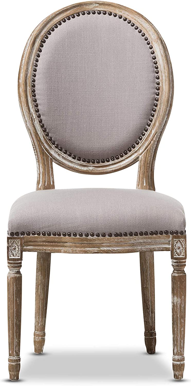 Baxton Studio Clairette Beige Linen French Style Natural Oak Wood Accent Chair, Oval Back