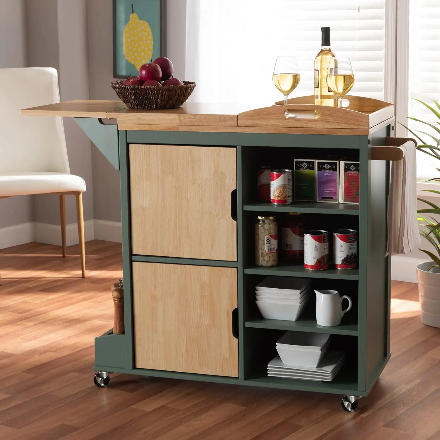 Wholesale Interiors Baxton Studio Dorthy Coastal and Farmhouse Two-Tone Dark Green and Natural Wood Kitchen Storage Cart