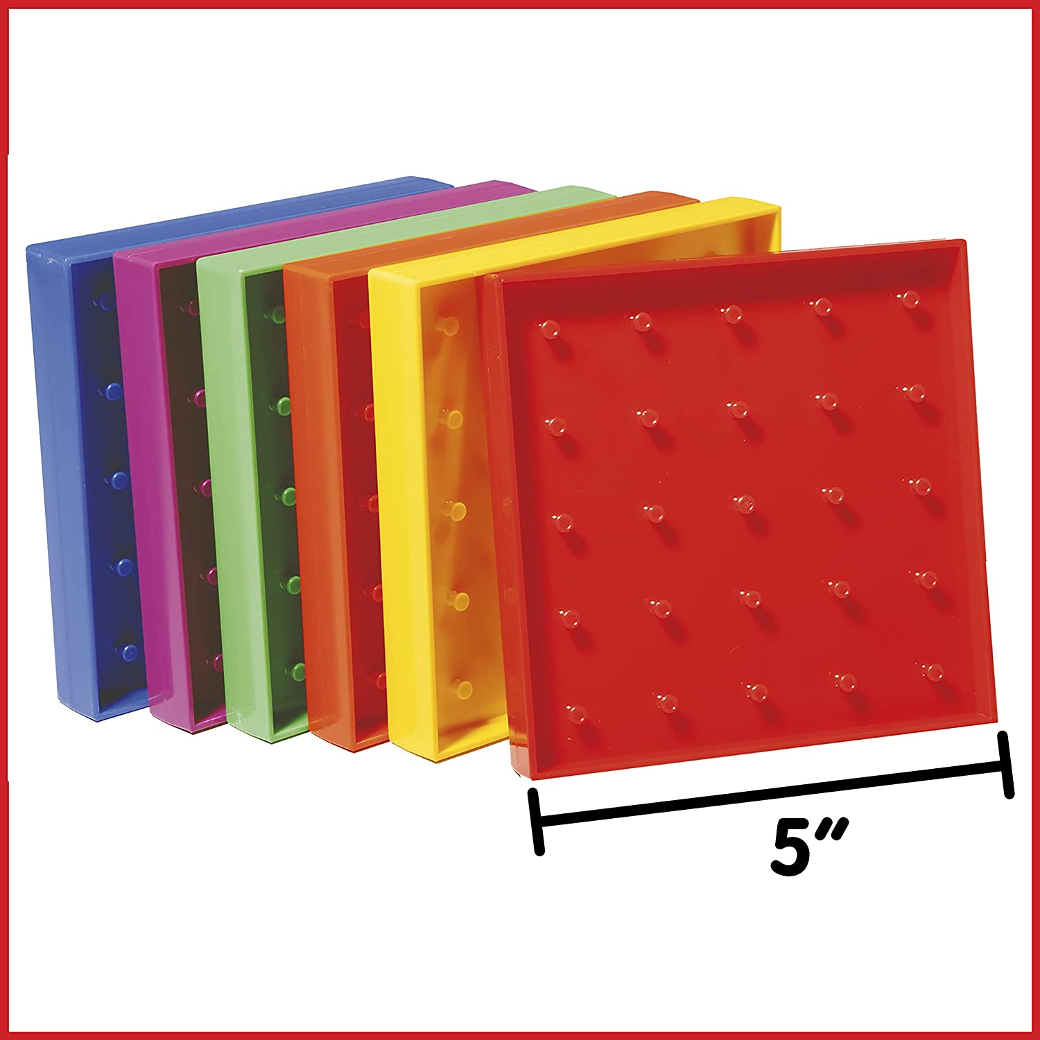 edxeducation Double-Sided Geoboard Set - Set of 6 with Rubber Bands - Ages 3+ - Math Manipulatives, Geometry, Fine Motor Skills, Creativity for Kids - 5 x 5 Grid/12 Pin Circular Array