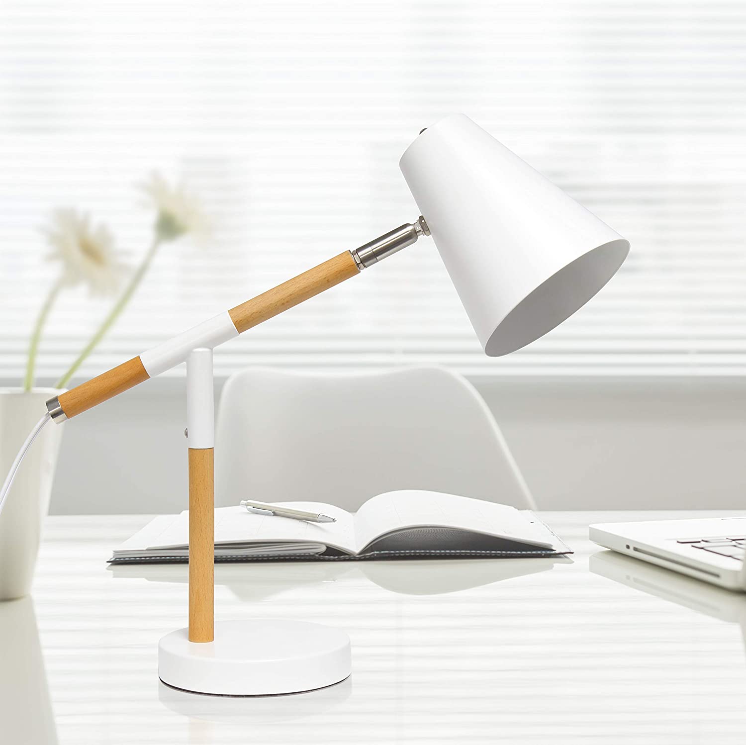 Simple Designs LD1059-WHT Matte and Wooden Pivot Desk Lamp, White