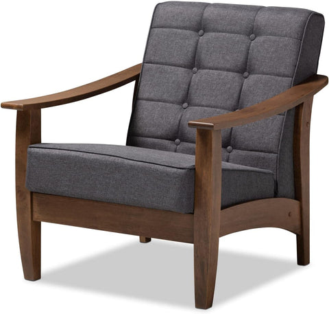 Baxton Studio Larsen Mid-Century Modern Gray Fabric Upholstered Walnut Wood Lounge Chair