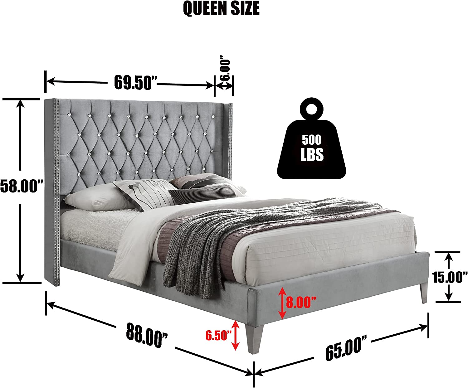 Better Home Products Alexa Velvet Upholstered Queen Platform Bed in Gray