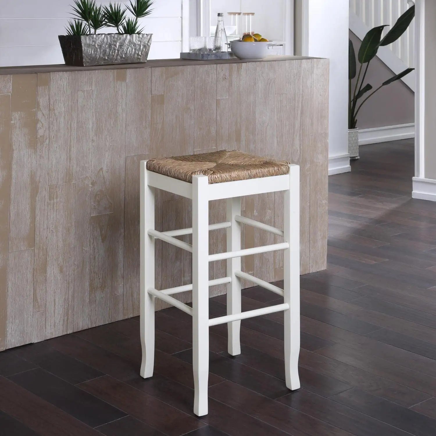 Boraam Square Rush Seat Bar Height Stool, 29-Inch, White