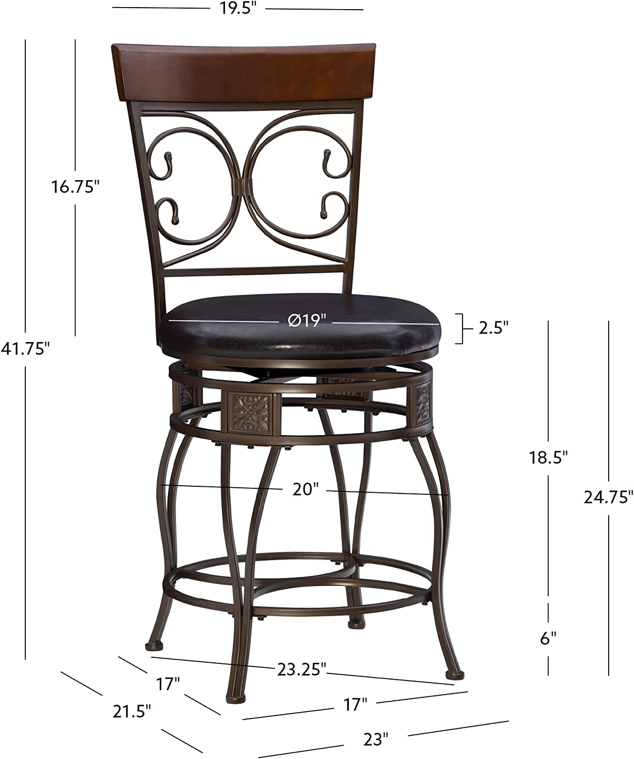 Powell Big and Tall Back Scroll Counter Stool, Height, Dark Bronze/Brown
