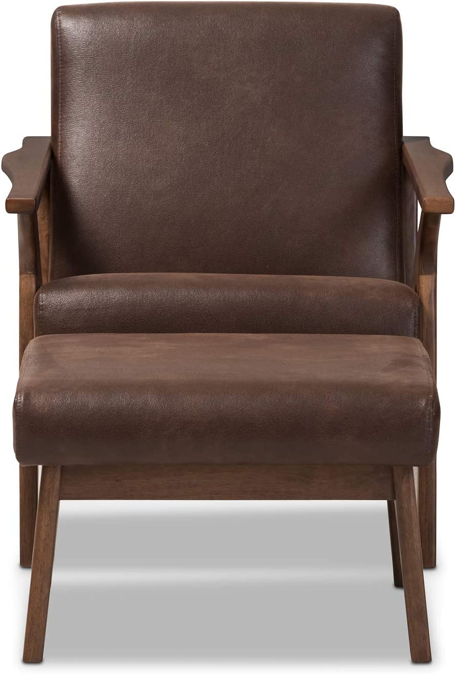 Baxton Studio Bianca Mid-Century Modern Walnut Wood Dark Brown Distressed Faux Leather Lounge Chair and Ottoman Set/Mid-Century/Dark Brown/Walnut Brown/Faux Leather/Rubber Wood