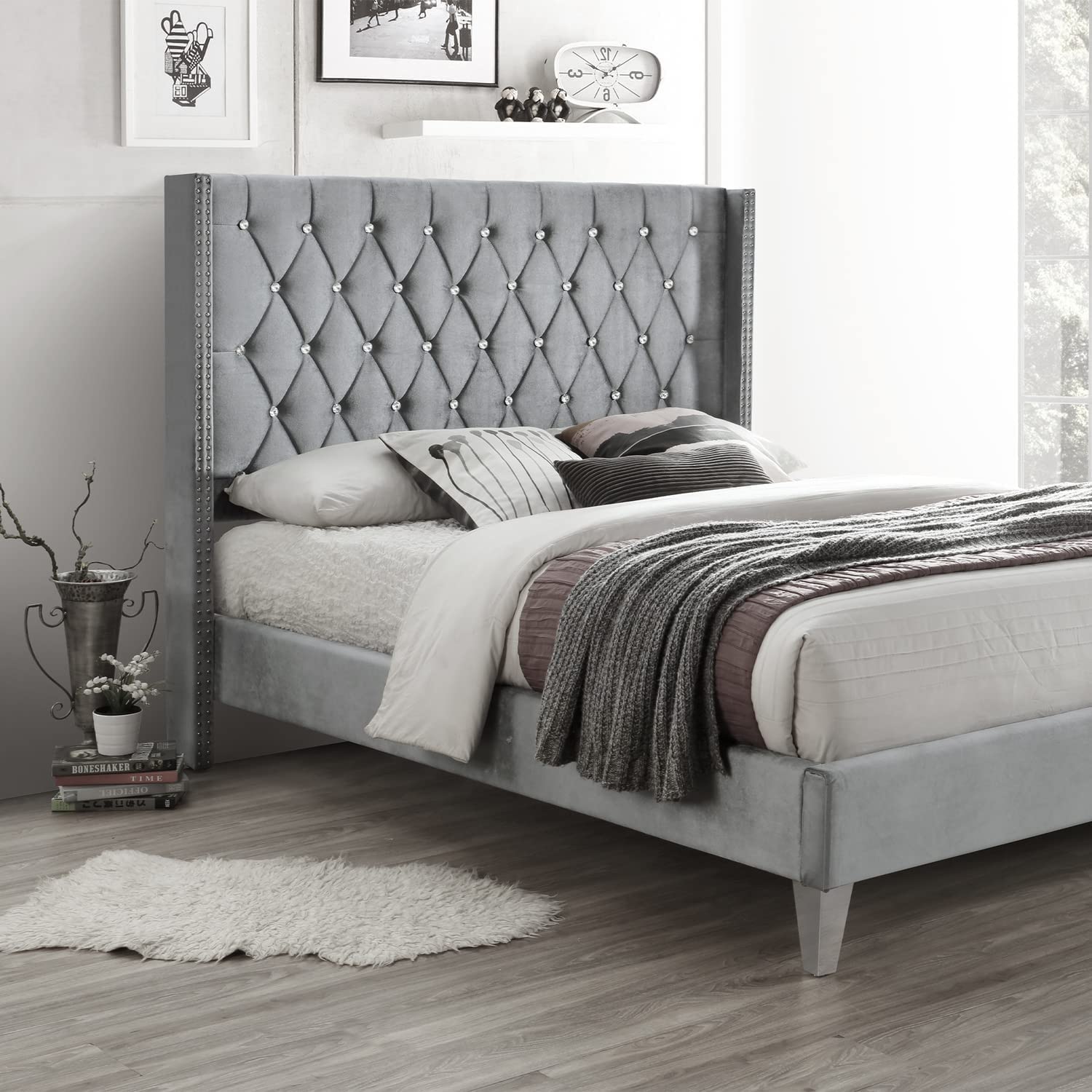 Better Home Products Alexa Velvet Upholstered Full Platform Bed in Gray