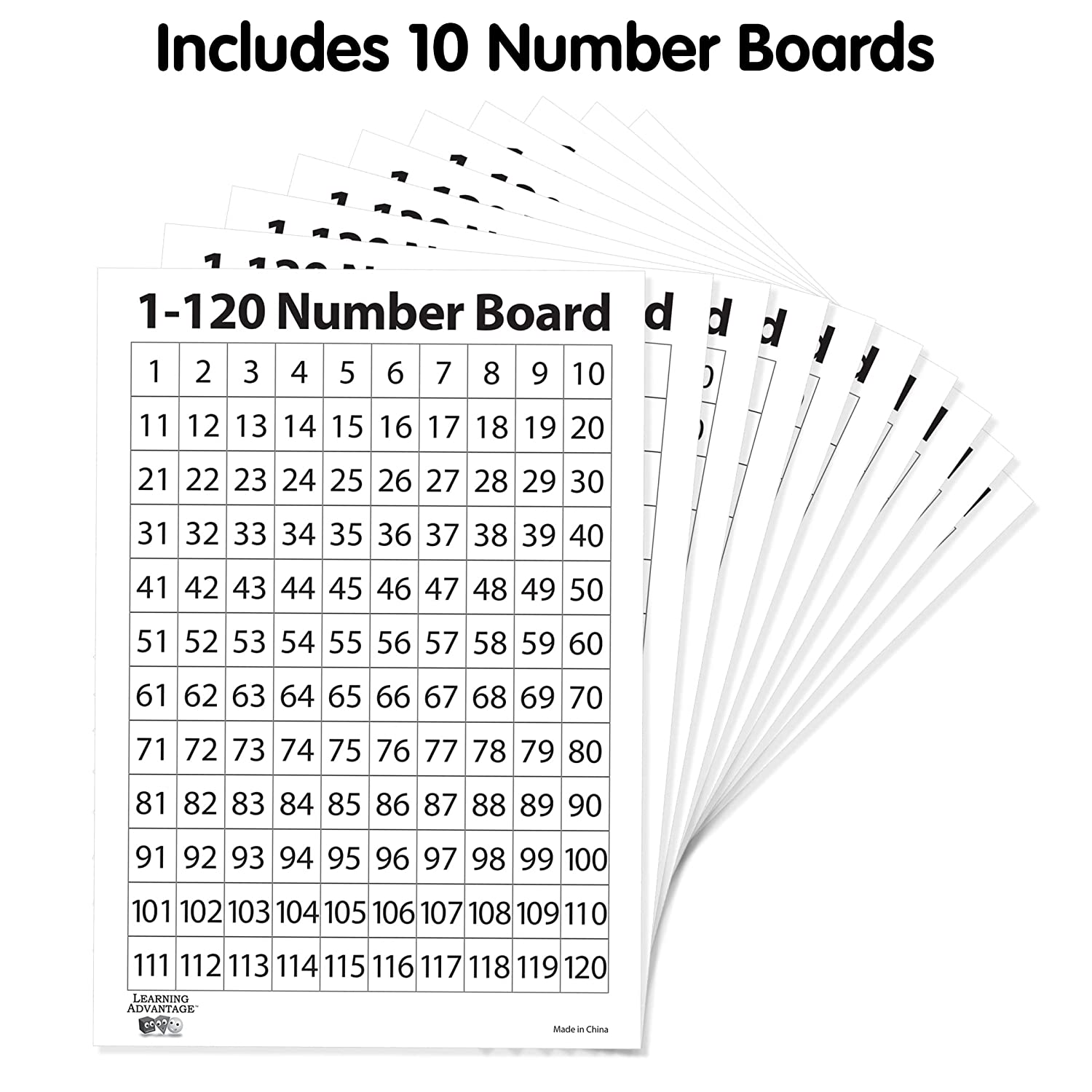 LEARNING ADVANTAGE Dry Erase Boards - Numbers 1-120 - Set of 10 - Number Chart for Kids - Teach Early Numeracy - Hands-On Math Manipulatives