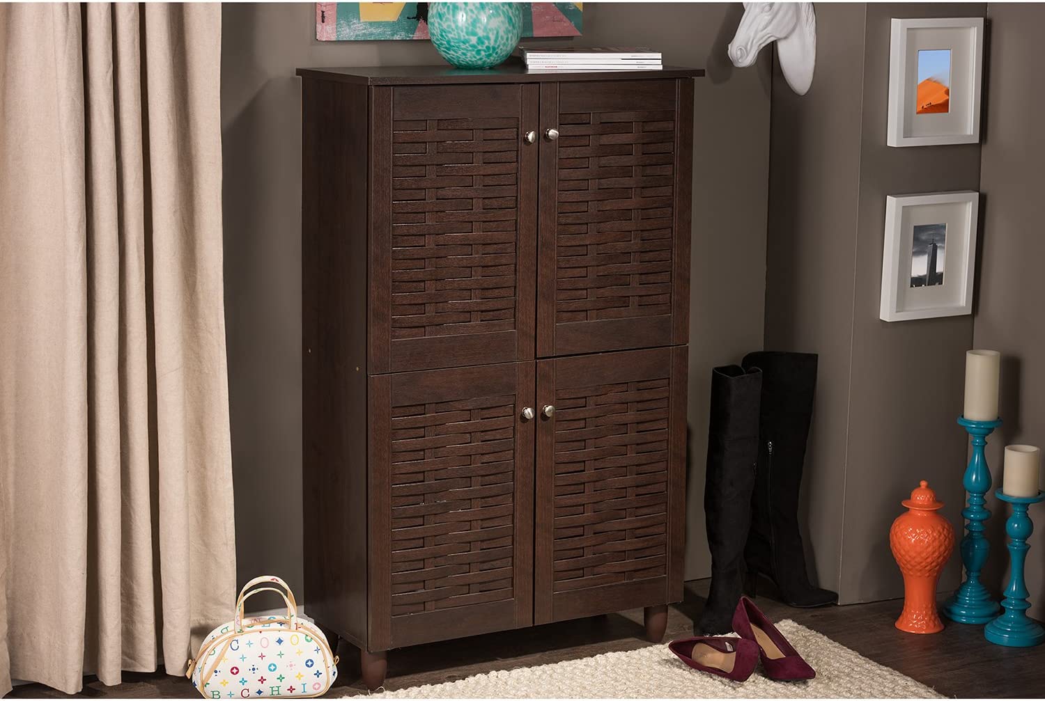 Wholesale Interiors Baxton Studio Winda Modern and Contemporary 4-Door Dark Brown Wooden Entryway Shoes Storage Cabinet