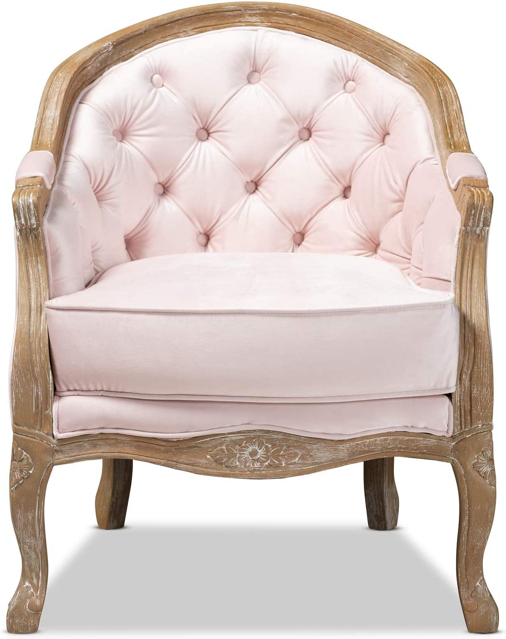 Baxton Studio Genevieve Traditional French Provincial Light Pink Velvet Upholstered White-Washed Oak Wood Armchair