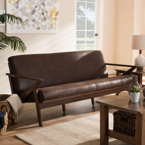 Baxton Studio Bianca Mid-Century Modern Walnut Wood Dark Brown Distressed Faux Leather 3-Seater Sofa/Mid-Century/Dark Brown/Walnut Brown/Faux Leather/Rubber Wood