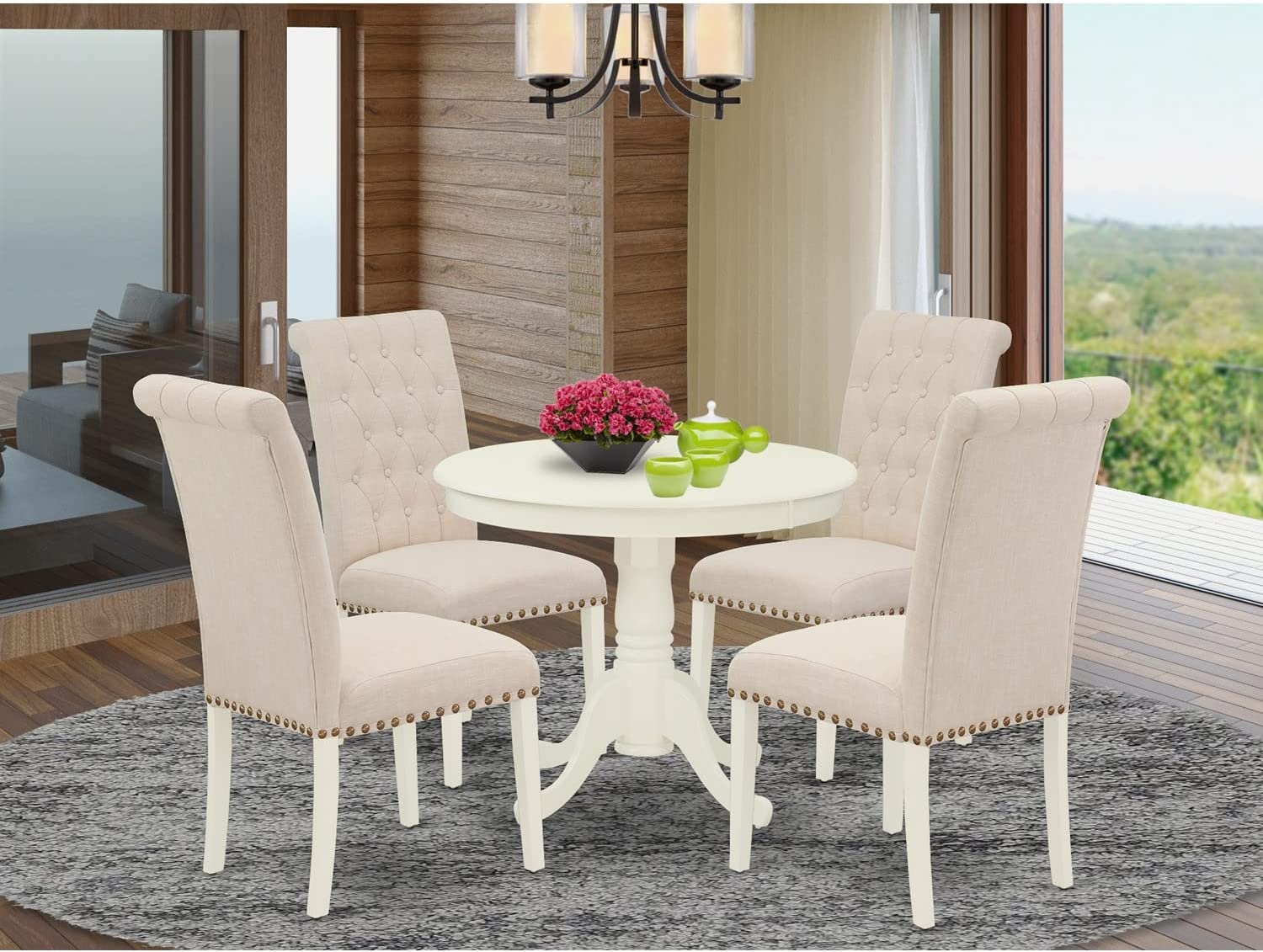 East West Furniture 5Pc Dining Set Includes a Small Round Dinette Table and Four Parson Chairs with Light Beige Fabric, Linen White Finish