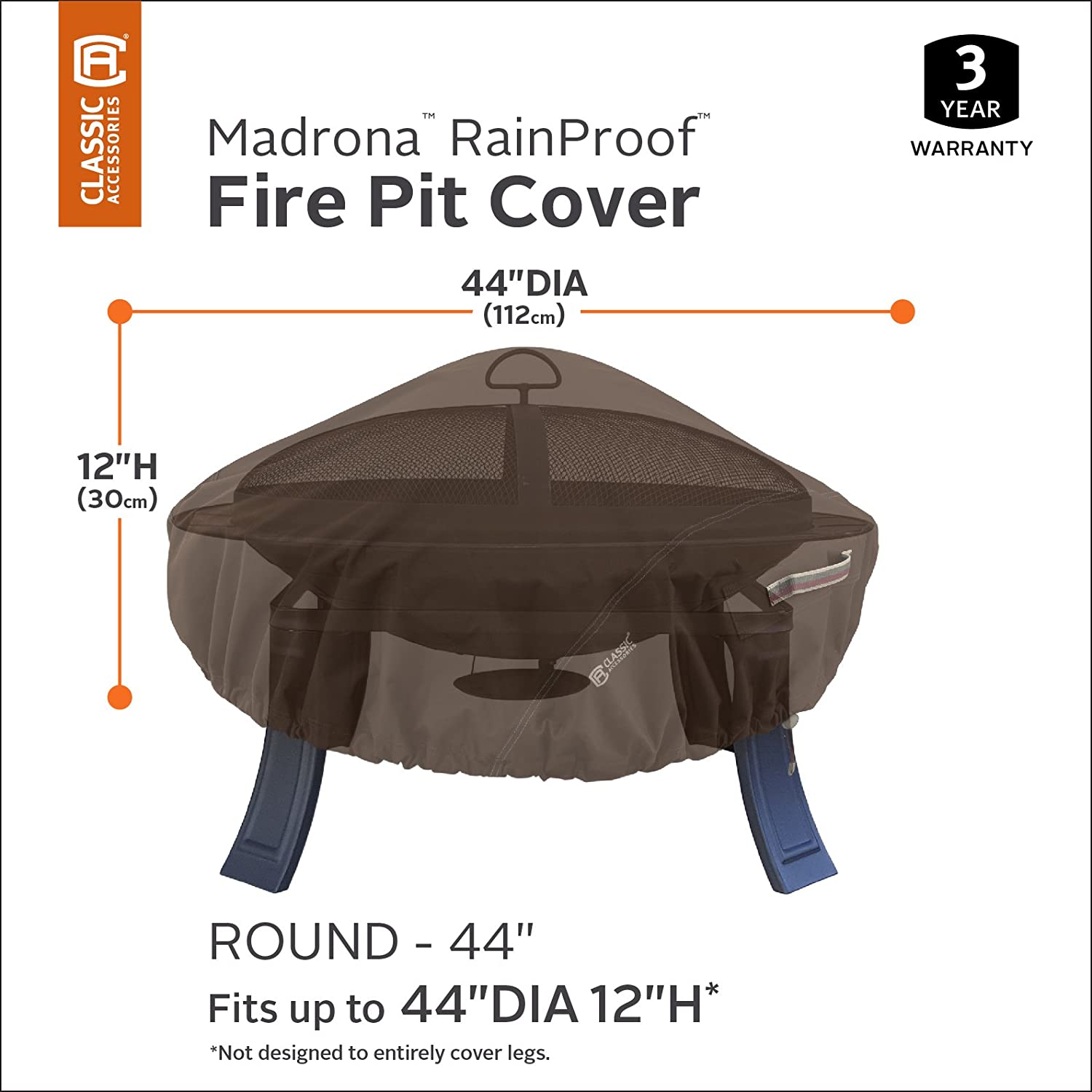 Classic Accessories 55-833-046601-RT Madrona Rainproof 44 Inch Round Fire Pit Cover, 44&#34; Dia x 12&#34; H, Dark Cocoa