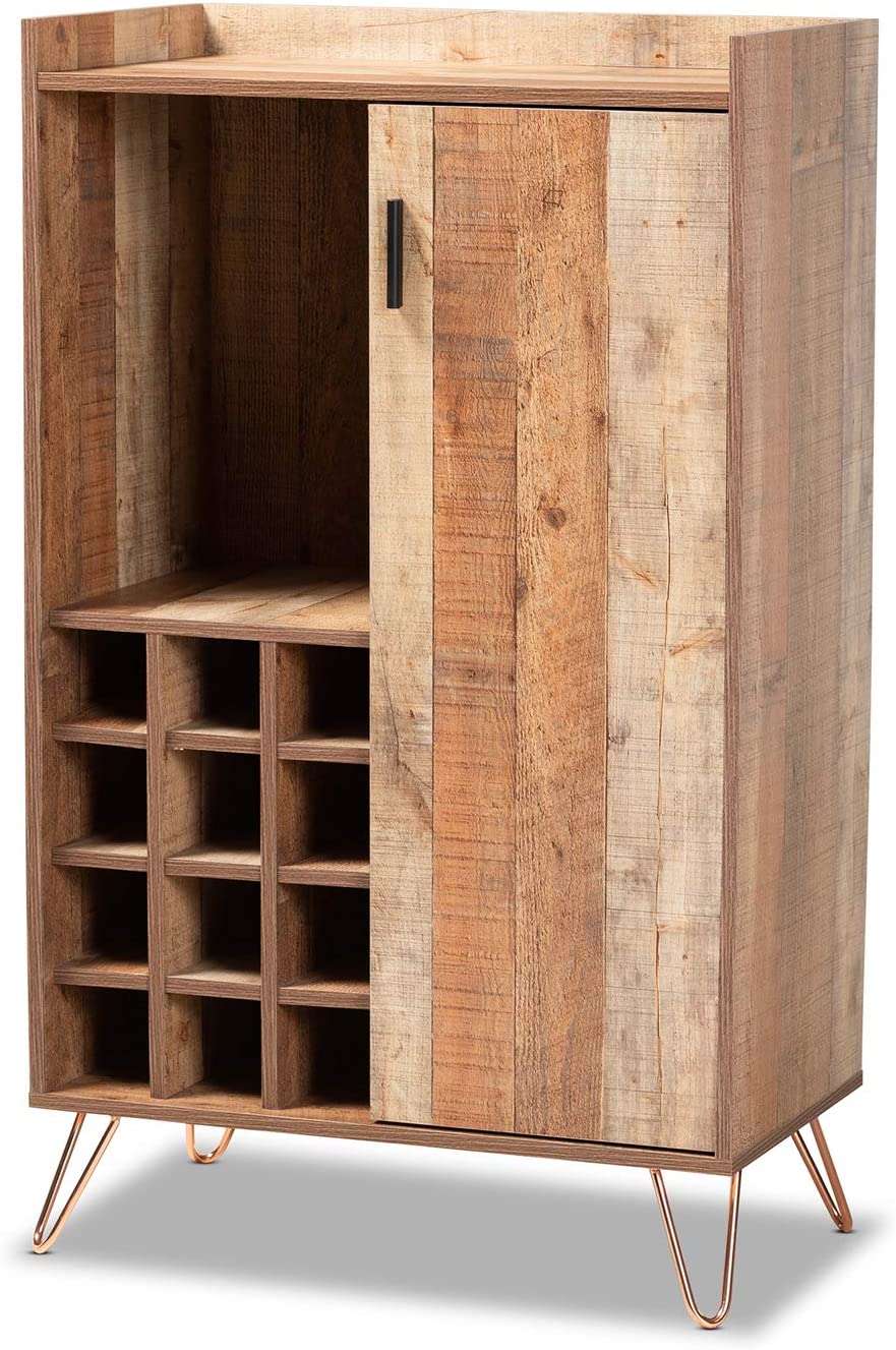 Baxton Studio Mathis Modern and Contemporary Rustic Brown Finished Wood and Rose Gold Finished Metal Wine Storage Cabinet