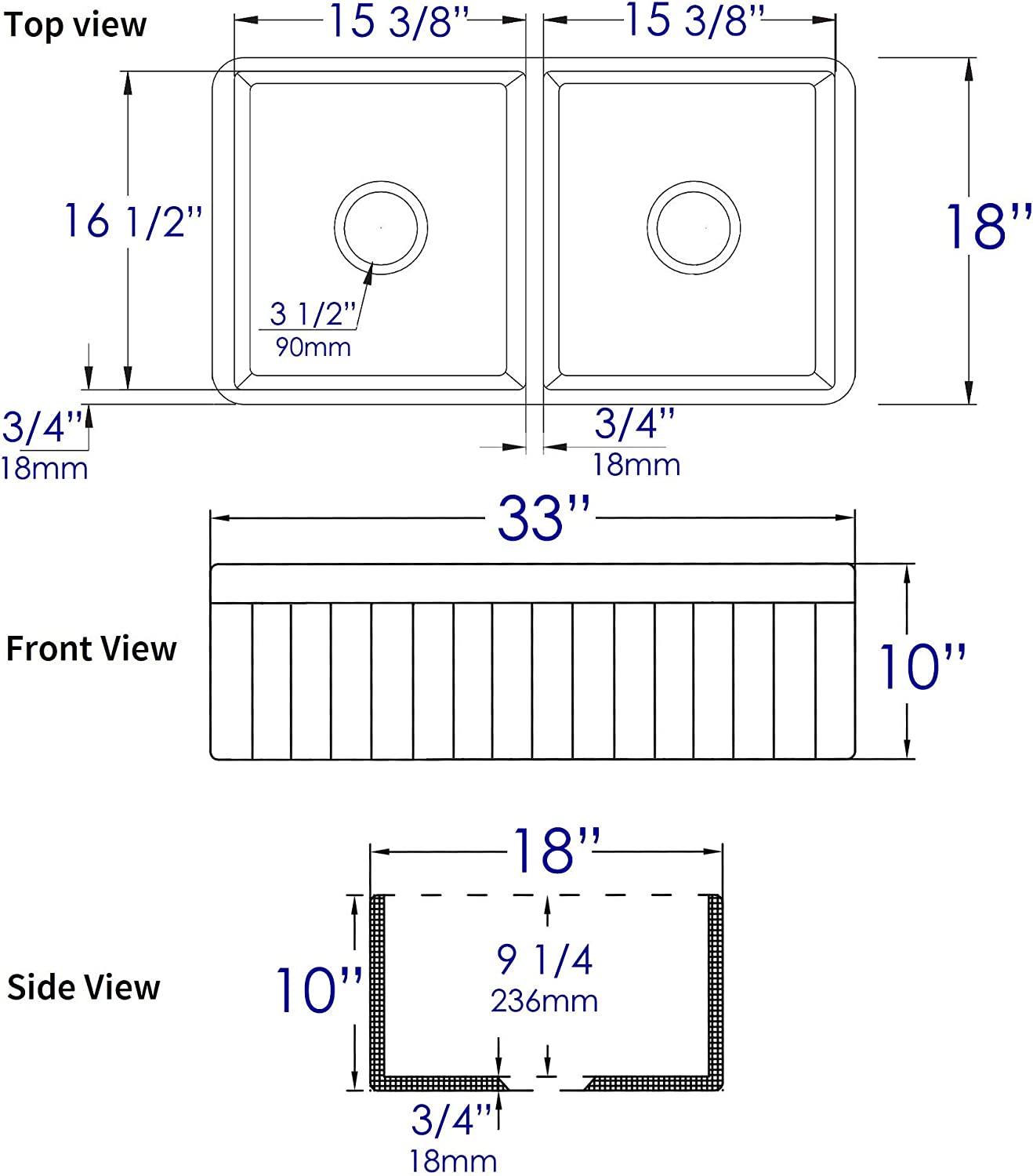 ALFI brand Matte Reversible Apron 33&#34; x 18&#34; Double Bowl Fireclay Farm Sink ABF3318D-GM Grey Matte