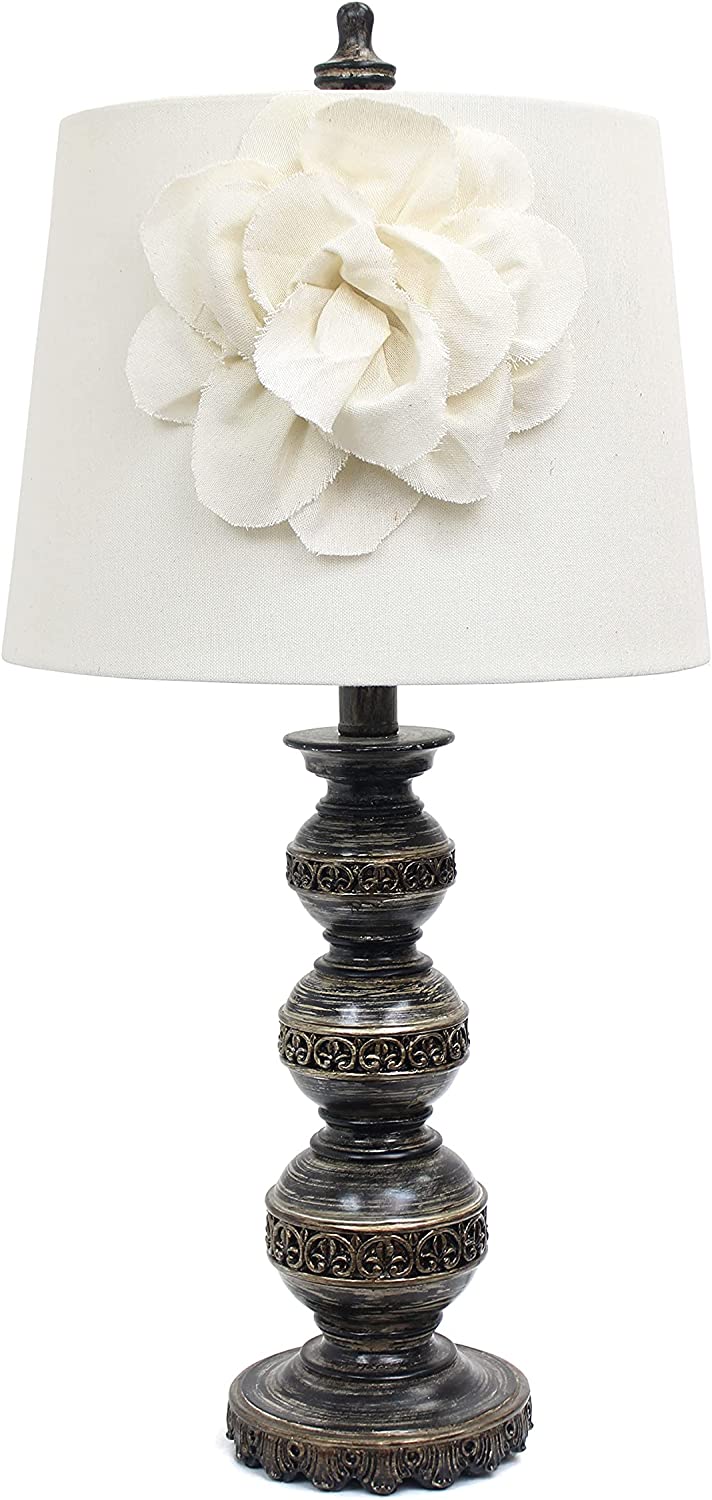 Elegant Designs LT3097-WHT Stacked Ball Lamp with Couture Linen Flower Shade, Aged Bronze