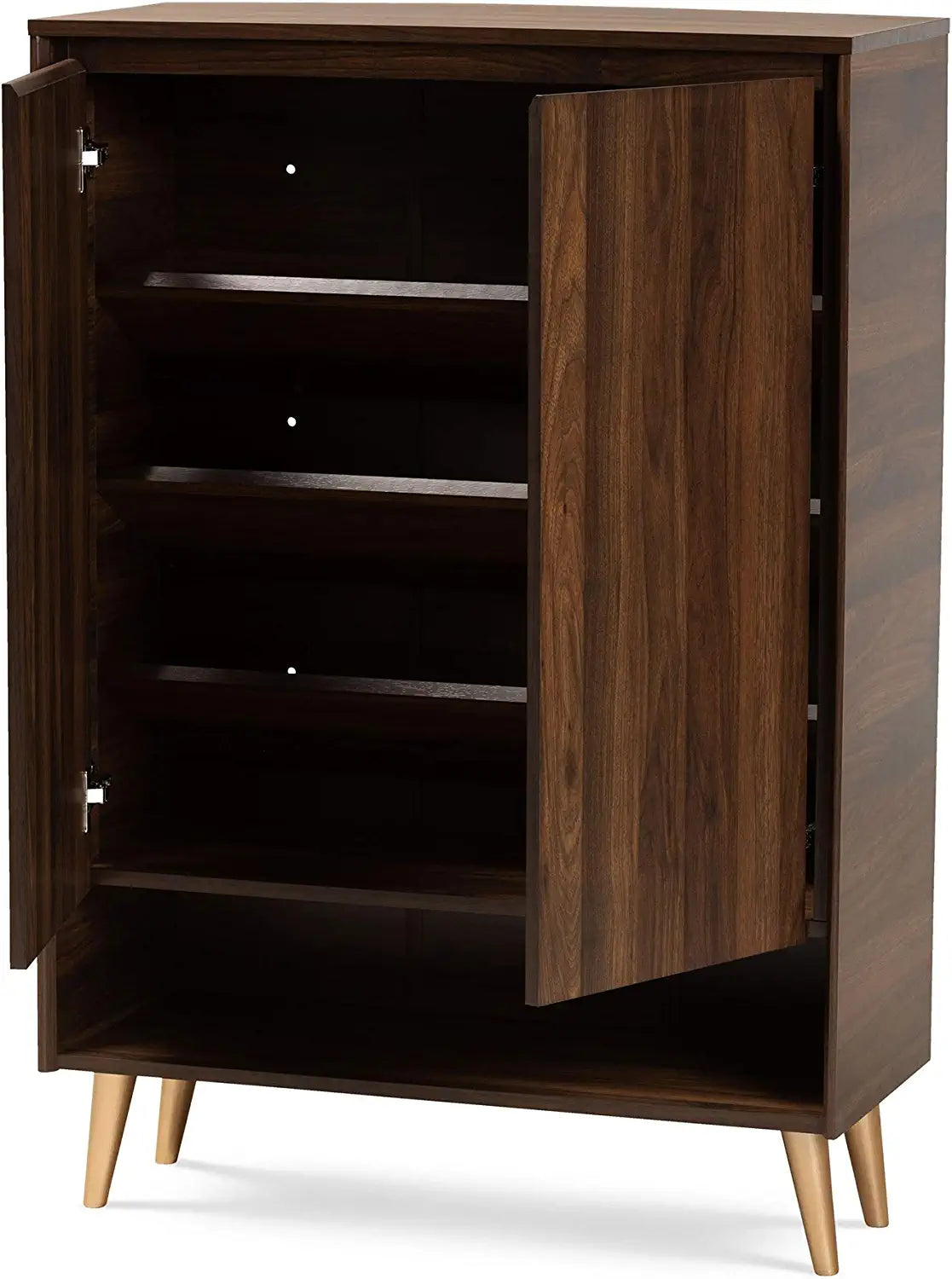 Baxton Studio Landen Mid-Century Modern Walnut Brown and Gold Finished Wood 2-Door Entryway Shoe Storage Cabinet