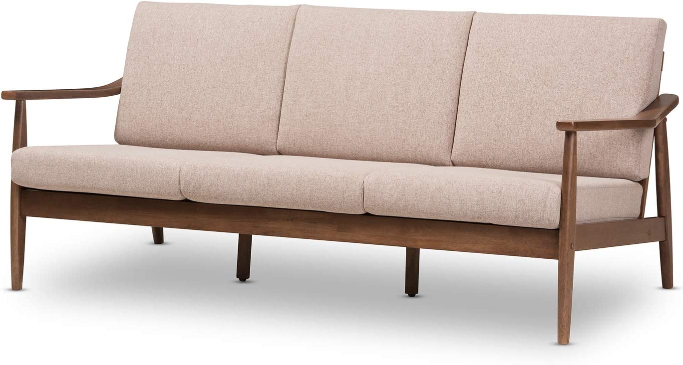 Baxton Studio Venza Mid-Century Modern Walnut Wood Light Brown Fabric Upholstered 3-Seater Sofa/Mid-Century/Fabric Polyester 100%&#34;/Rubber Wood/Light Brown/Walnut Brown