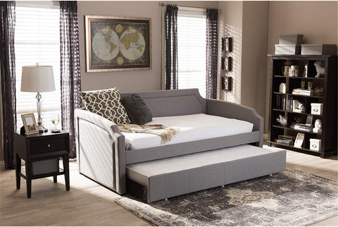 Baxton Studio Parkson Modern and Contemporary Grey Fabric Curved Notched Corners Sofa Twin Daybed with Roll-Out Trundle Guest Bed