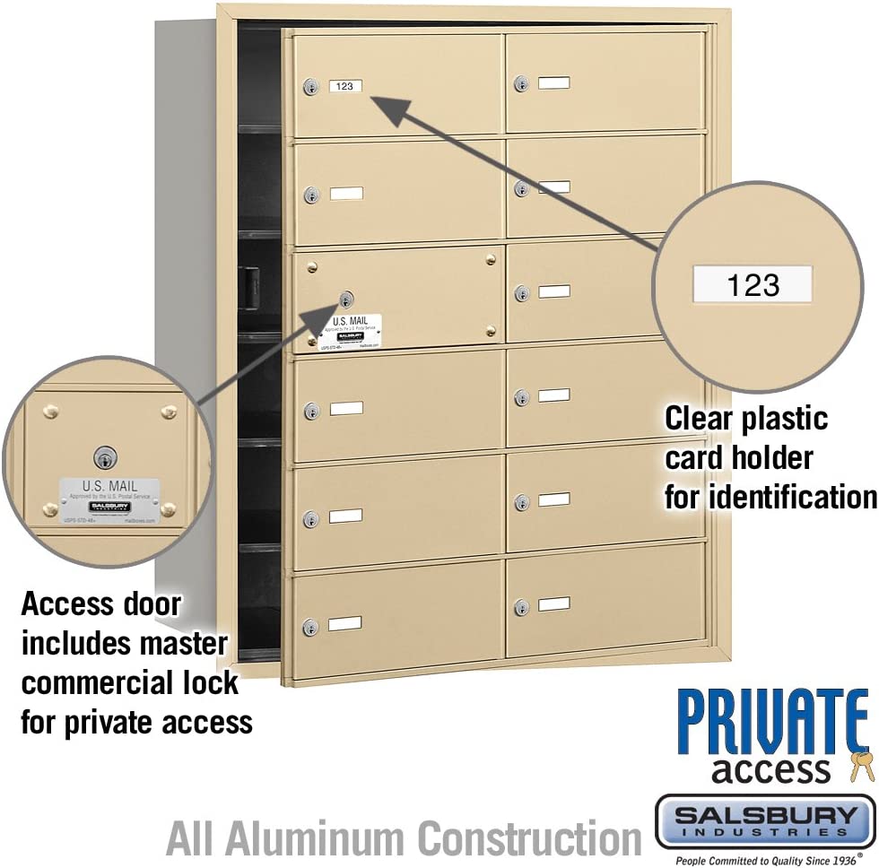 Salsbury Industries 3612SFP 4B Plus Horizontal Mailbox with Master Commercial Lock, 12 B Doors 11 Usable, Front Loading, Private Access, Sandstone