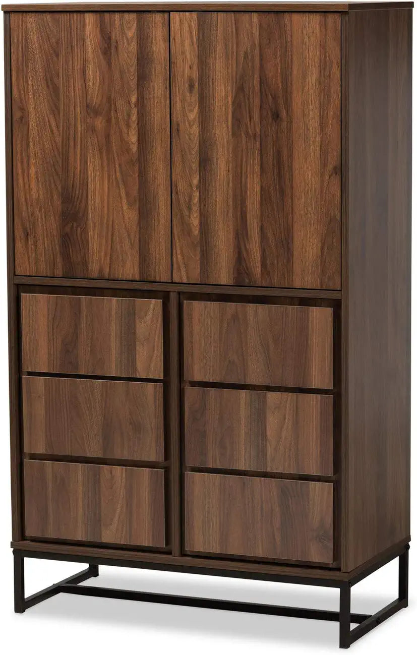 Baxton Studio Neil Modern and Contemporary Walnut Brown Finished Wood and Black Finished Metal Multipurpose Storage Cabinet