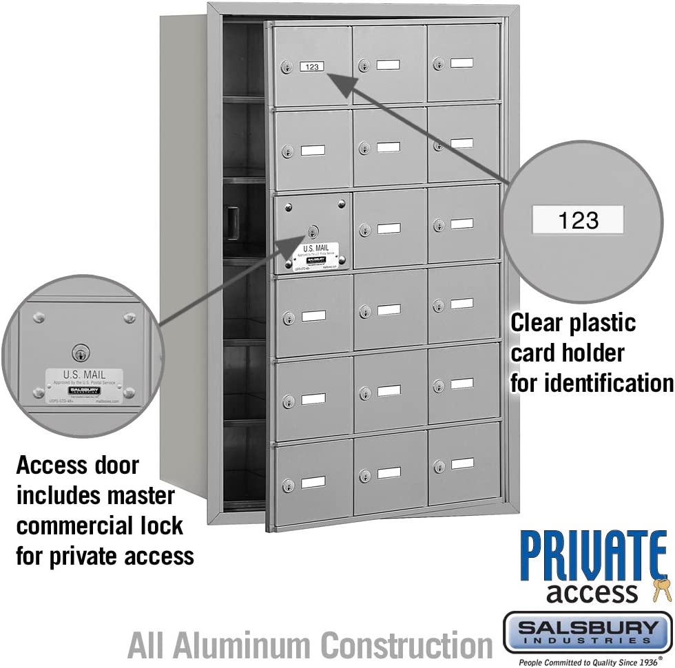 Salsbury Industries 3618AFP 4B Plus Horizontal Mailbox with Master Commercial Lock, 18 A Doors 17 Usable, Front Loading, Private Access, Aluminum