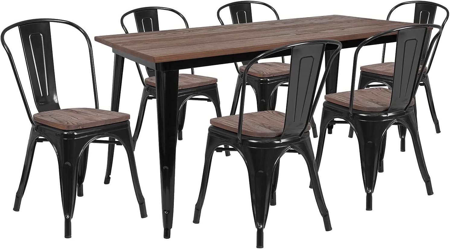Flash Furniture 30.25&#34; x 60&#34; Metal Table Set with Wood Top and 6 Stack Chairs, Black
