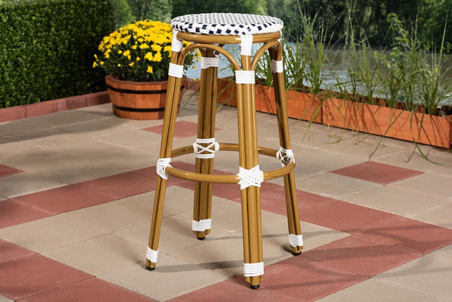 Baxton Studio Joelle Classic French Indoor and Outdoor Navy and White Bamboo Style Stackable Bistro Bar Stool