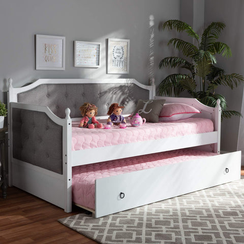 Baxton Studio Mara Classic and Traditional Grey Fabric Upholstered White Finished Wood Twin Size Daybed with Trundle