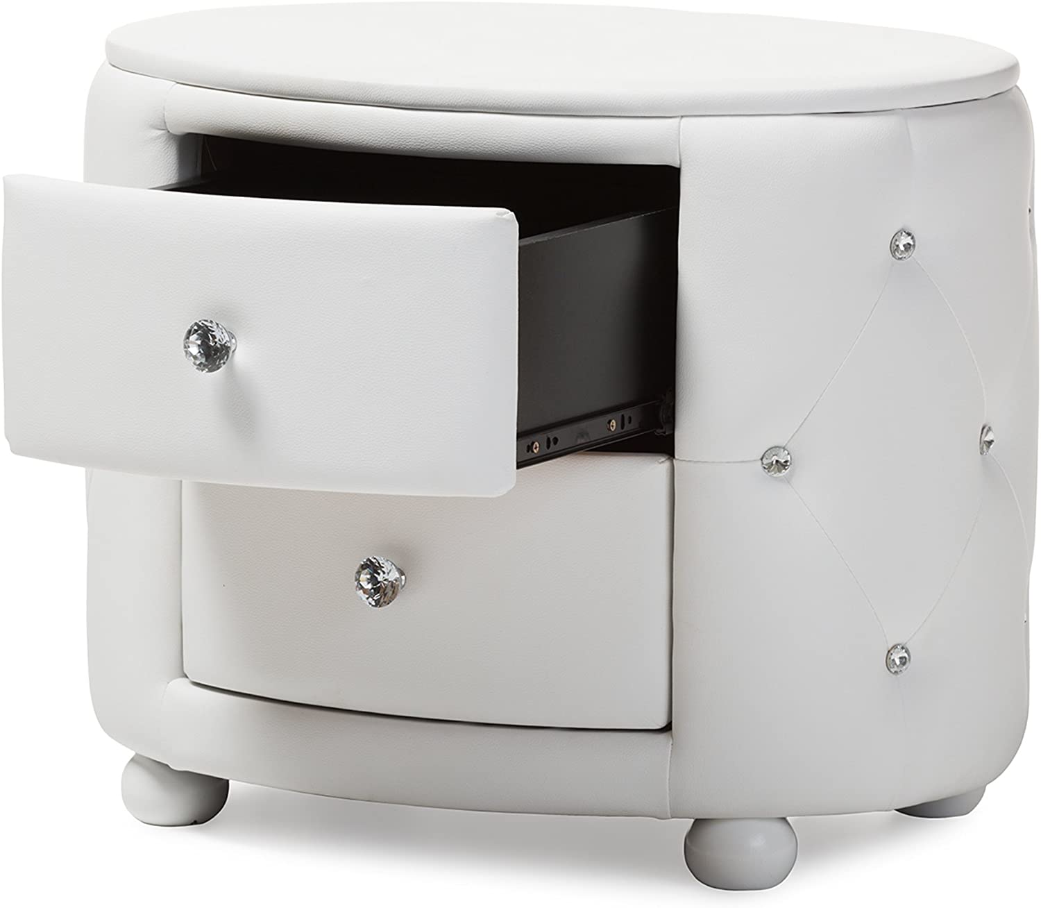 Baxton Studio Davina Hollywood Glamour Style Oval 2-Drawer Faux Leather Upholstered Nightstand, Medium, White