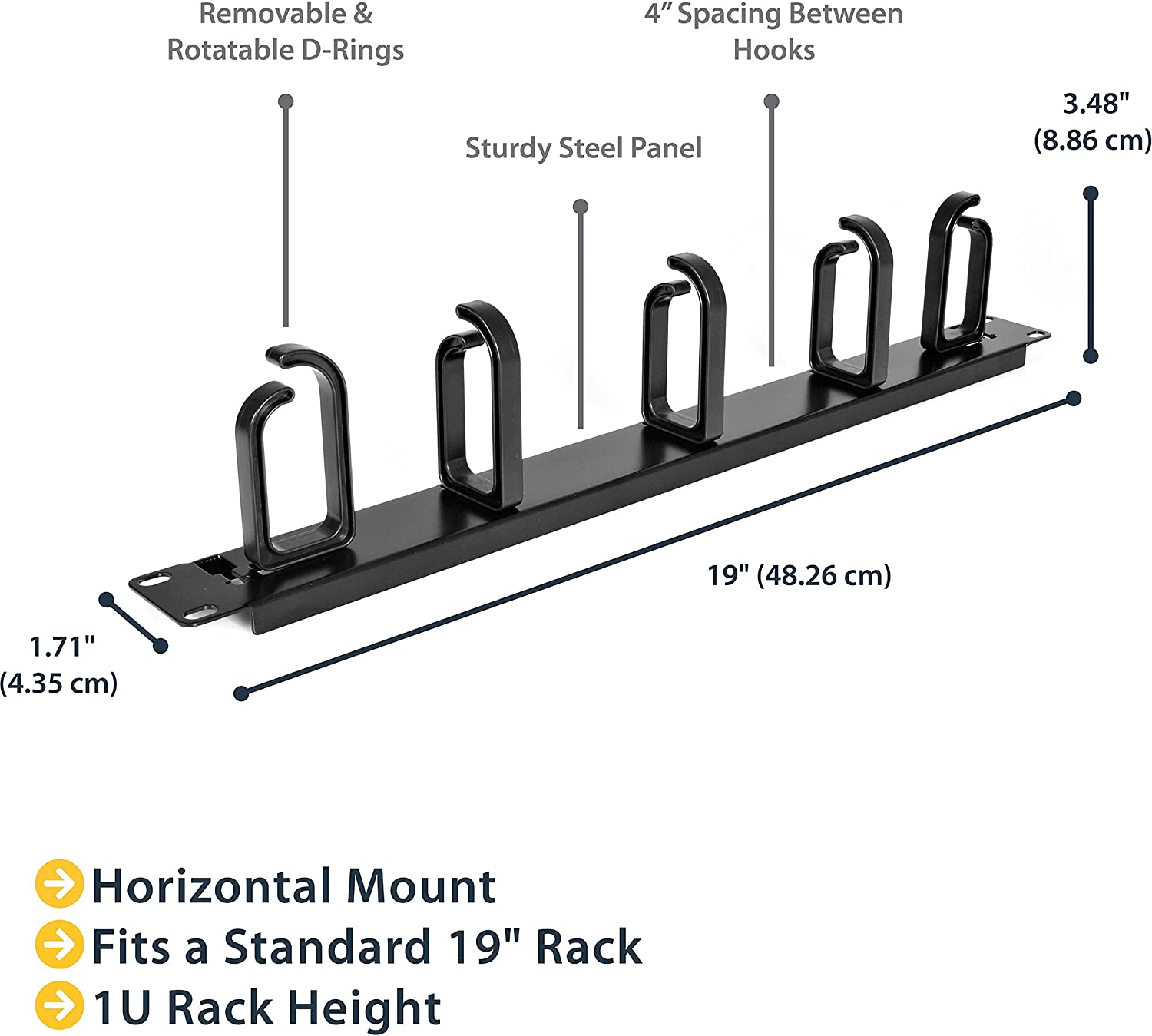 StarTech.com 19√É¬¢√¢‚Äö¬¨√Ç¬ù Server Rack Cable Management Panel w/ D-Ring Hooks - 1U Horizontal or Vertical Wire and Cord Manager - Metal (CABLMANAGER2), Black