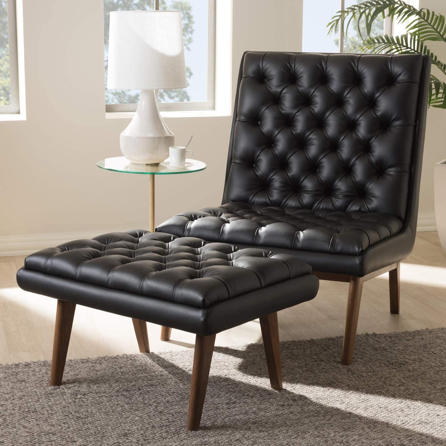 Baxton Studio Annetha Mid-Century Modern Black Faux Leather Upholstered Walnut Finished Wood Chair and Ottoman Set/Mid-Century/Black/Medium Wood/Faux Leather/Rubber Wood/Foam