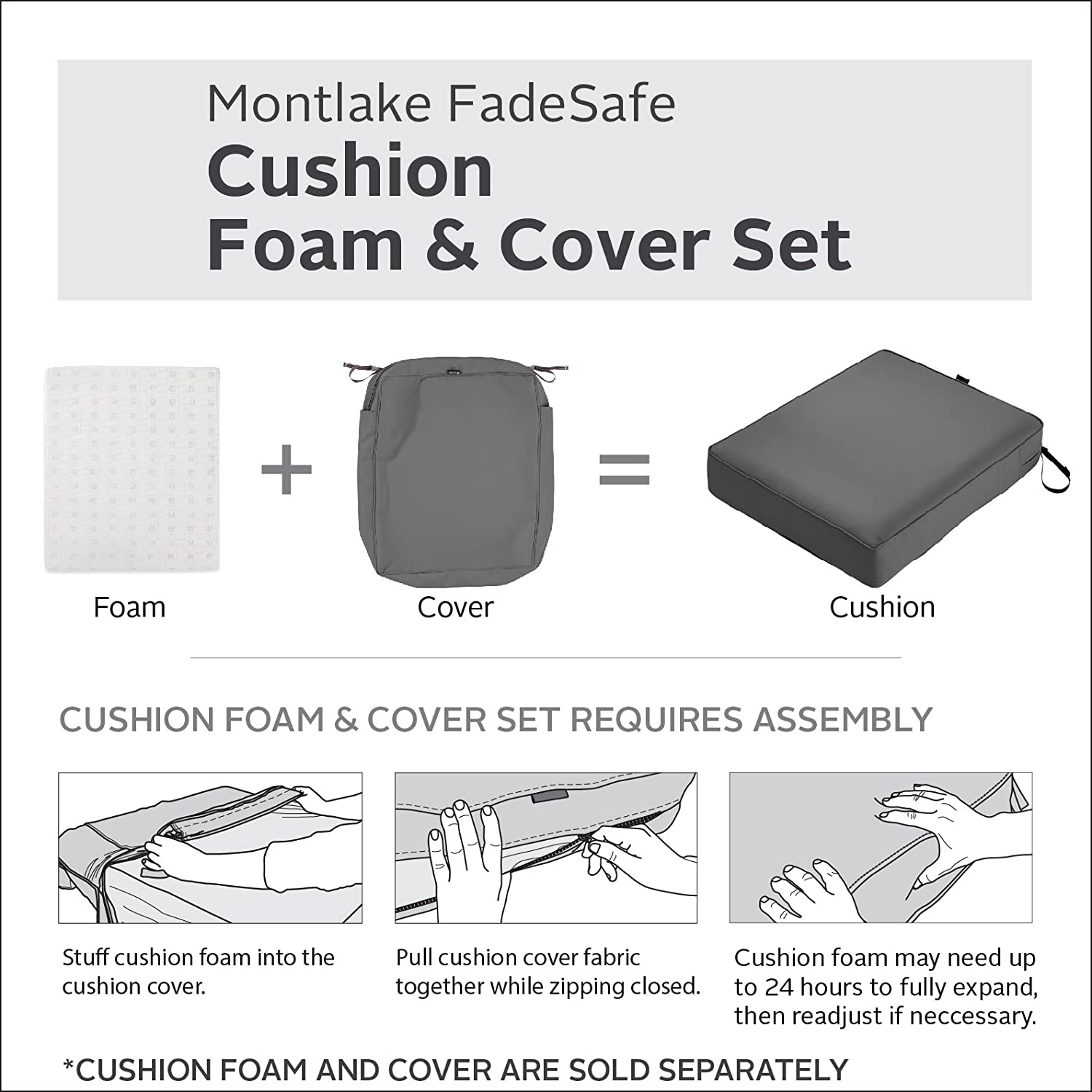 Classic Accessories Montlake Water-Resistant 23 x 25 x 5 Inch Rectangle Outdoor Seat Cushion Slip Cover, Patio Furniture Chair Cushion Cover, Light Charcoal Grey