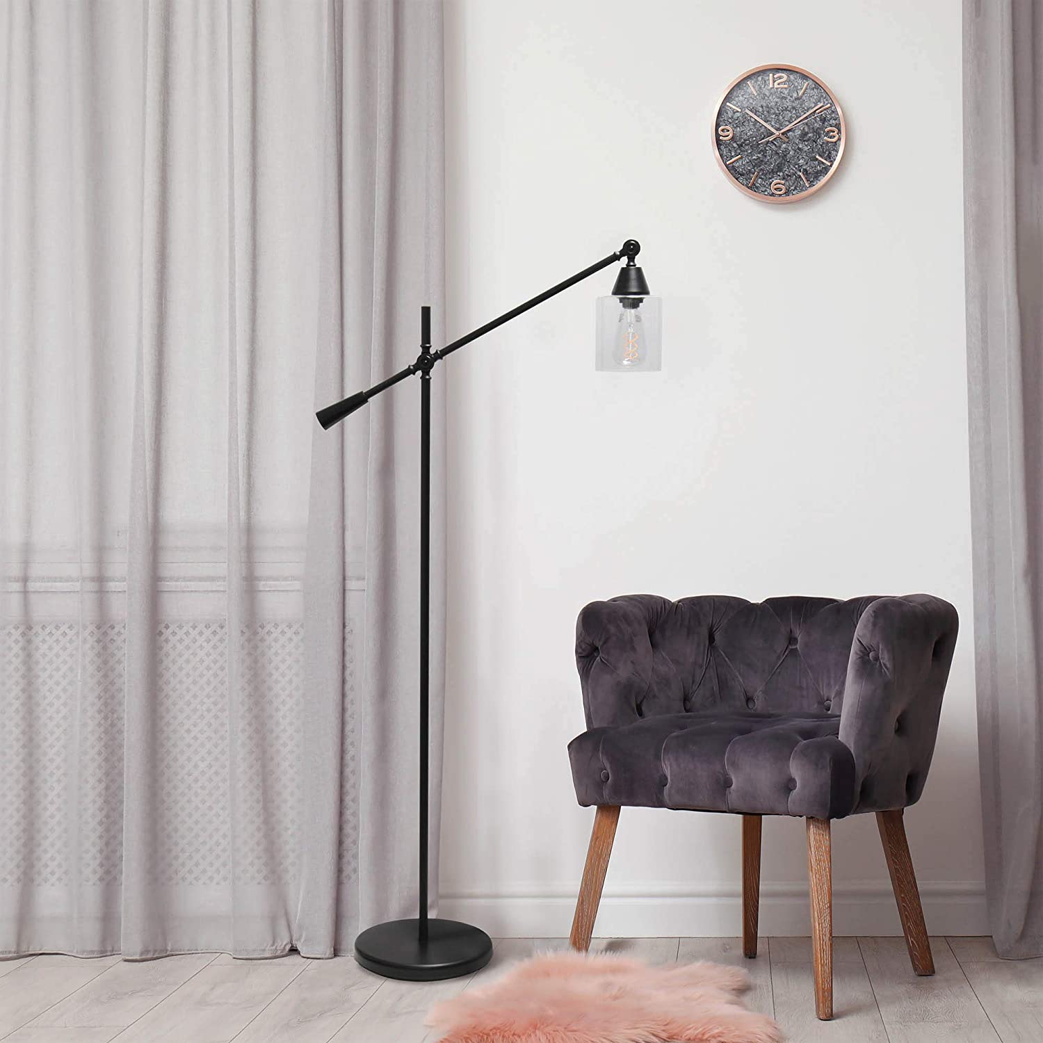 Lalia Home Decorative Swing Arm Floor Lamp with Clear Glass Cylindrical Shade, Black