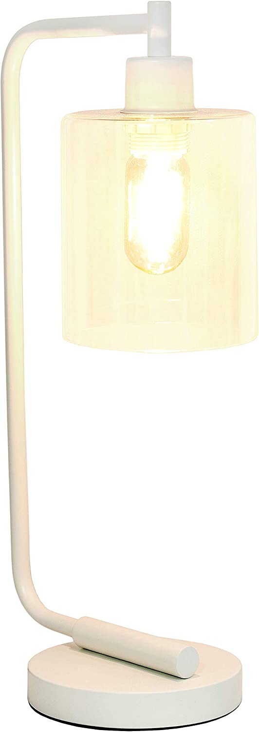 Simple Designs LD1036-WHT Bronson Antique Style Industrial Iron Lantern Glass Shade Desk Lamp, 9"L x 5.75"W x 19"H, White