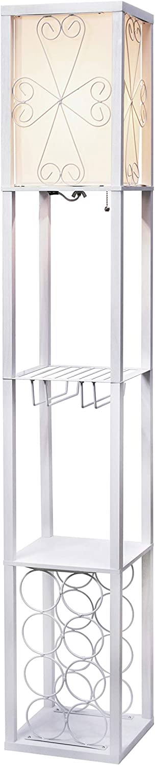 Simple Designs LF1015-WHT Etagere Organizer Storage Shelf and Wine Rack with Linen Shade Floor Lamp, White